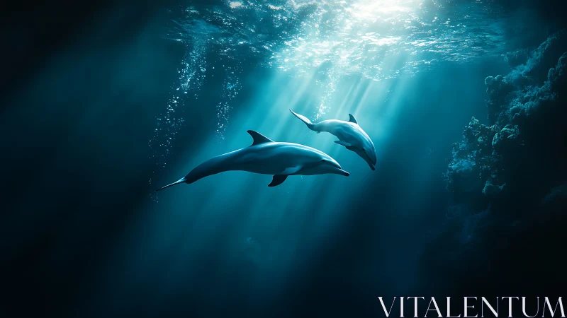 Sunlit dolphins gliding through deep blue ocean stillness.