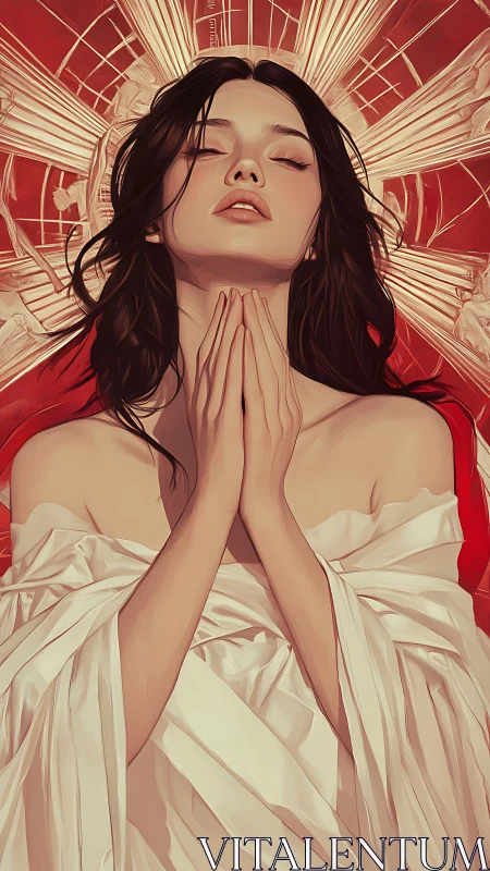 Devotional portrait of robed woman against radiant red halo