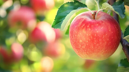 Ripe red apple hanging on tree branch in soft orchard light.