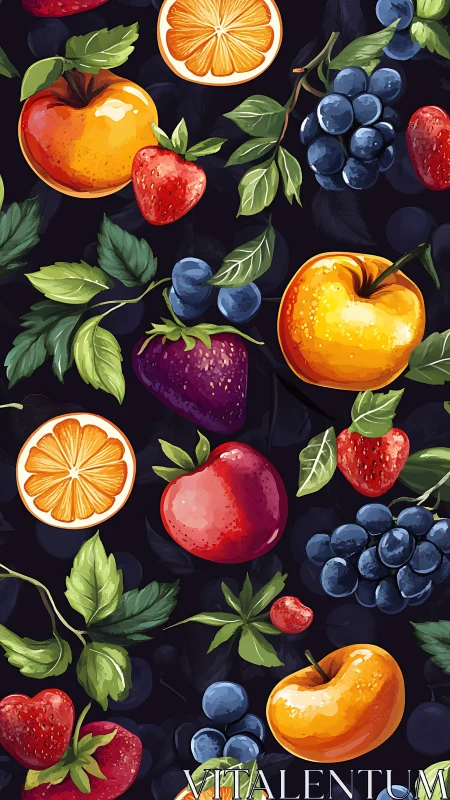 Vibrant digital fruit pattern on deep midnight background.
