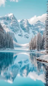 Snow covered mountain lake with conifer forest reflection.