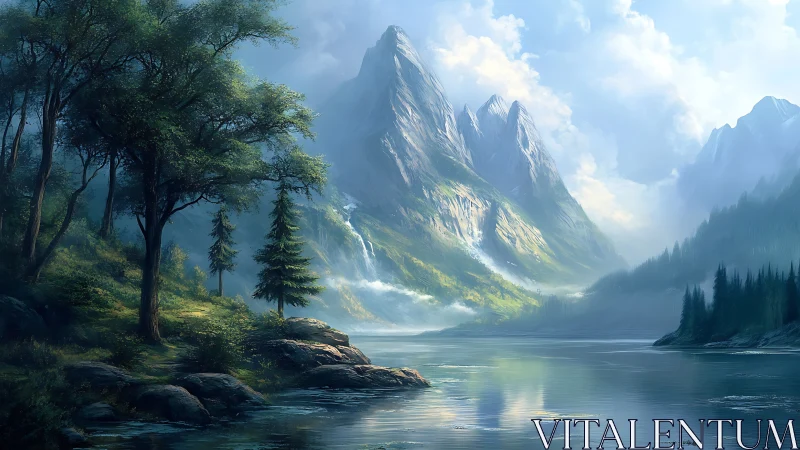 Sunlit mountain valley by a quiet reflective lakeshore.