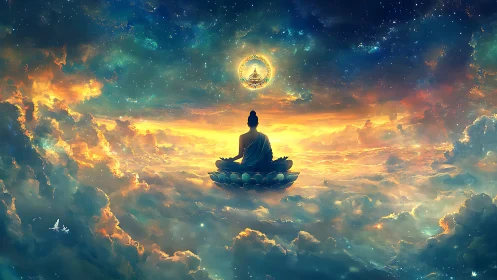 Enlightened figure meditates above radiant celestial clouds.