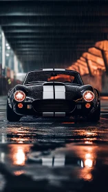 Midnight muscle roadster prowls a rain‑slicked city tunnel.