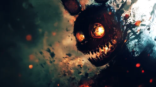 Fiery demonic rabbit head emerging from abstract darkness.