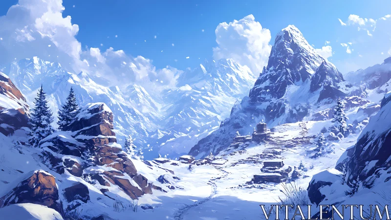 Snowbound mountain sanctuary under bright crystalline skies.