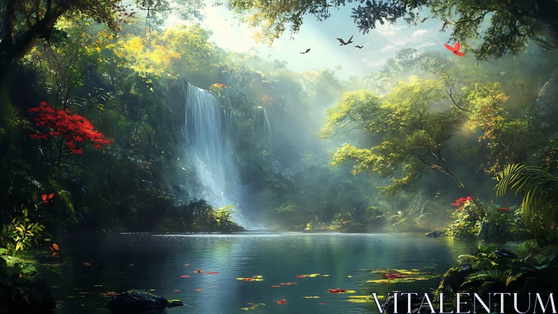 Whispering jungle cascade over a mirrorbright emerald pool.