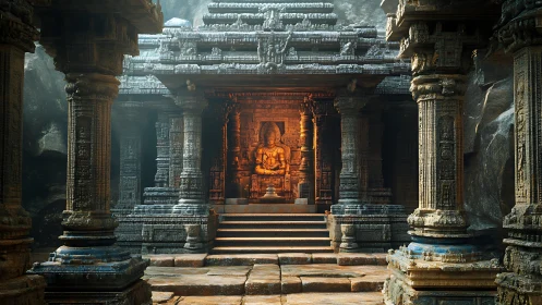 Stone temple interior with central seated statue in alcove.