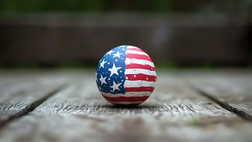 Patriotic egg rests on weathered wood in soft focus calm