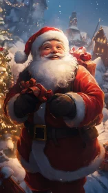 Santa Claus holding gifts in a snowy village scene.