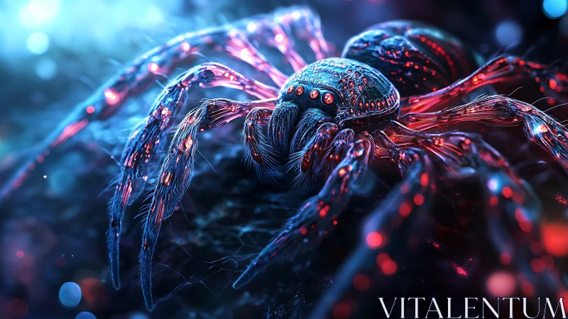 Cybernetic arachnid macro in neon bioluminescent chassis.