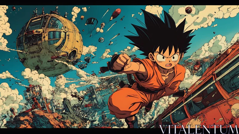 High-energy anime hero soaring through dense industrial sky