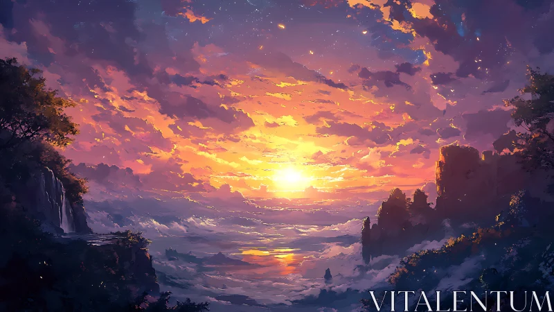 Dreamlit cliffs under a glowing ocean sunrise sky.