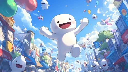 Oversized mascot character leaps above stylized festival street crowd