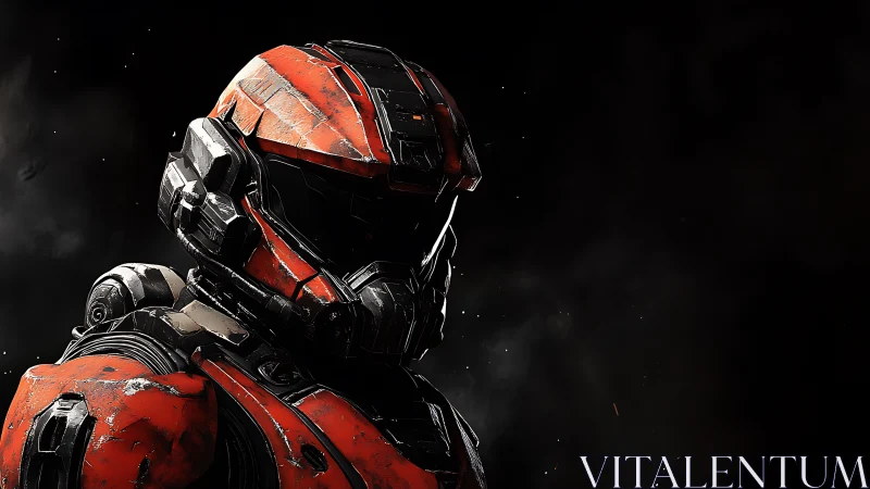 Battle-worn red exosuit soldier in deep space chiaroscuro