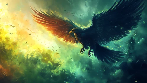 Majestic Black Eagle Soaring in a Surreal Digital Fantasy Sky.