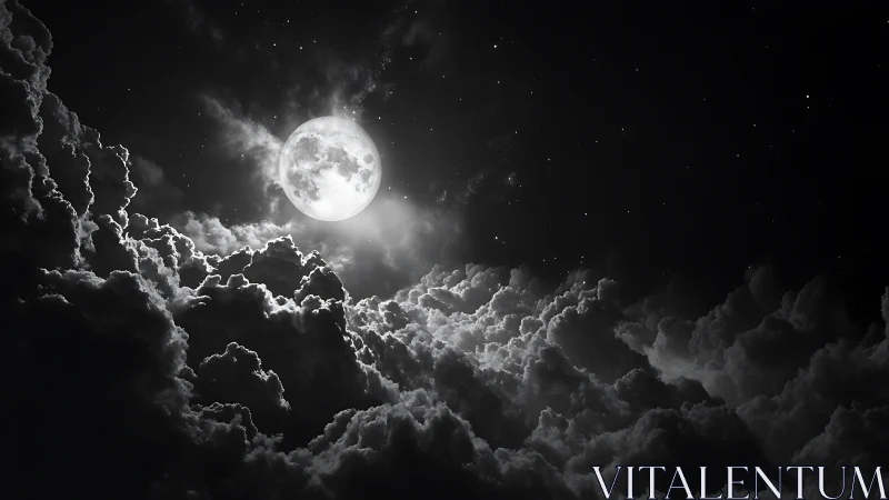 Luminous full moon emerging through sculpted storm clouds.