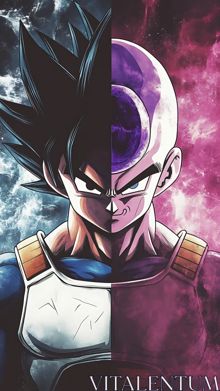 Split anime warrior portrait with cosmic dual-color symmetry.