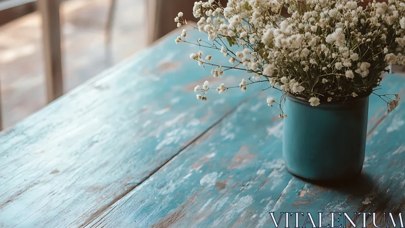 Minimalist Still Life: Baby's Breath in Turquoise Vessel.