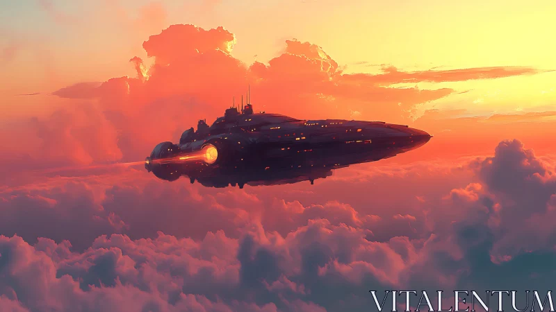 Starlit interstellar cruiser gliding above luminous sunset clouds