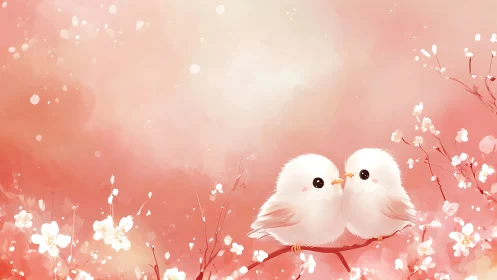 Two Snowy Companions: Feathered Hearts in Blossom Bliss.