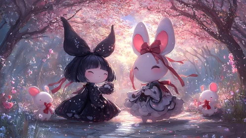 Chibi bunny companions under luminous cherry blossoms.