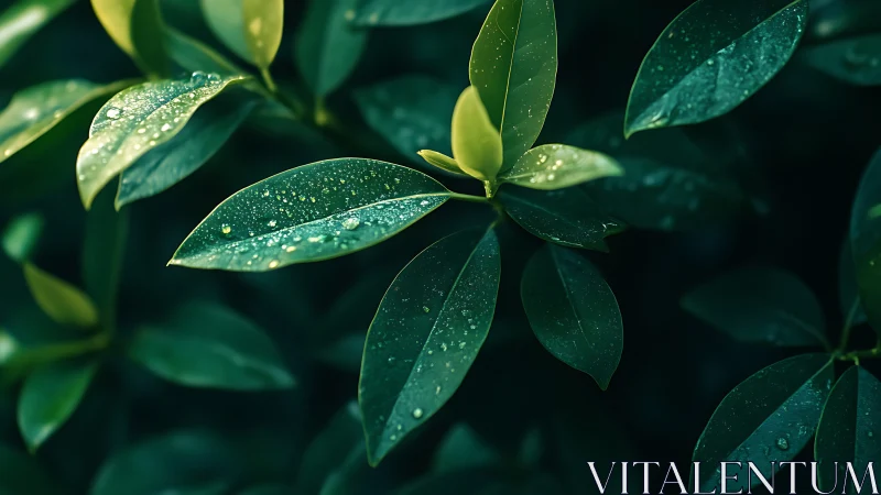 Rain-kissed green leaves glow softly against deep shadows