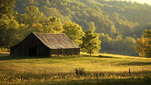 Rustic barn in golden-hour pastoral landscape composition.