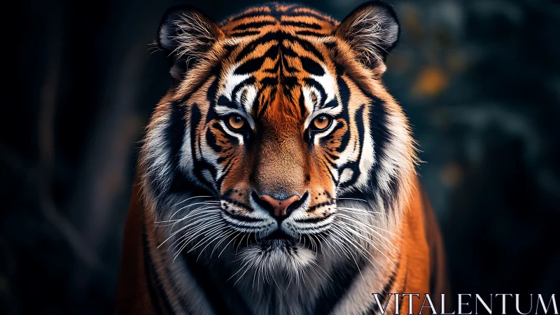 Midnight tiger gaze in quiet jungle shadows.