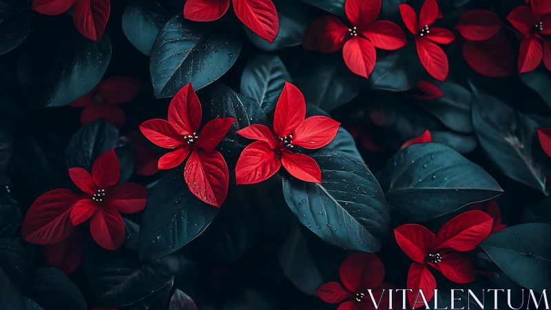 Macro floral composition with vermillion poinsettia petals and teal foliage