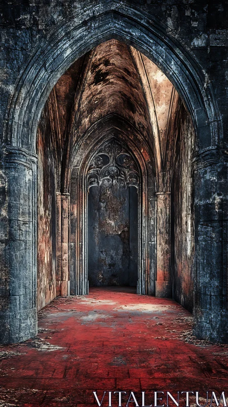 Gothic stone hallway washed in weathered ember light.