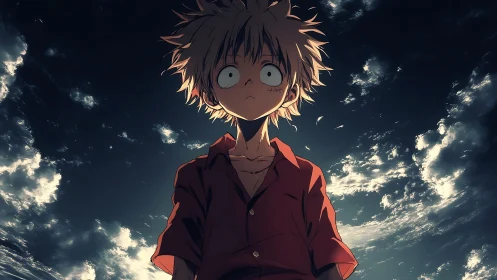 Wide-eyed dusk wanderer under storm-streaked heavens.