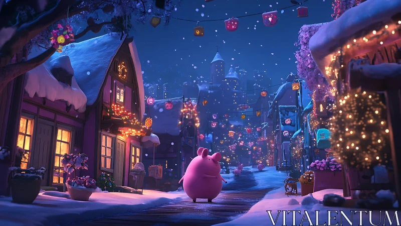 Snowy lantern village glows as pink creature wanders peacefully.