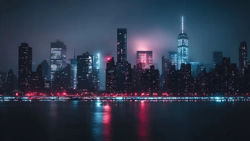 Neon-lit futuristic skyline across misty urban harbor at night.