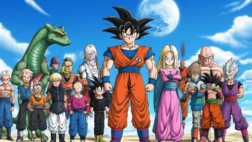 Anime ensemble lineup with heroic central figure under sky.