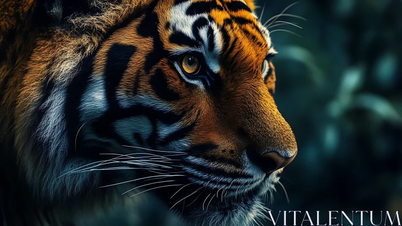 Hyperreal Bengal tiger profile in low key cinematic lighting
