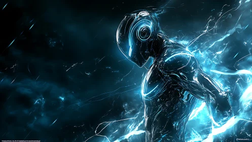 Cybernetic humanoid silhouette with luminous cyan energy arcs