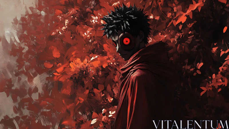 Red cloaked cyborg boy amid swirling abstract foliage.