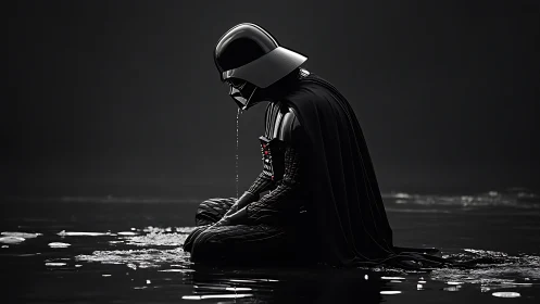 Armored sci fi figure kneeling in shallow reflective water.