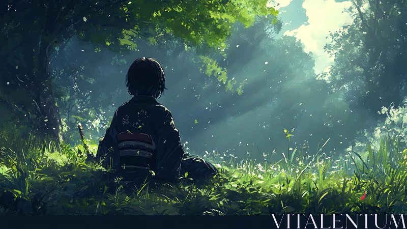 Quiet forest daydream with soft sunlight and gentle calm.