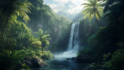 Tropical waterfall in dense rainforest valley under daylight.