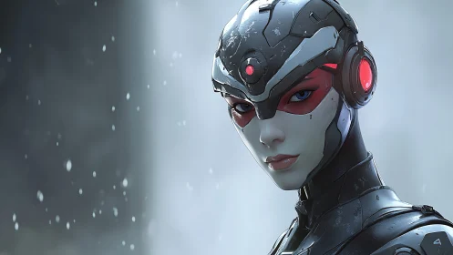Futuristic female android portrait in detailed cybernetic armor