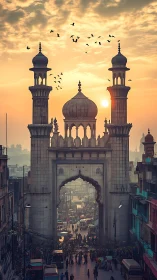 Sunlit Mughal gateway frames congested urban thoroughfare at dusk