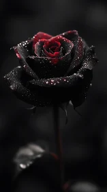 Midnight rose with crimson heart and silver rainlight.