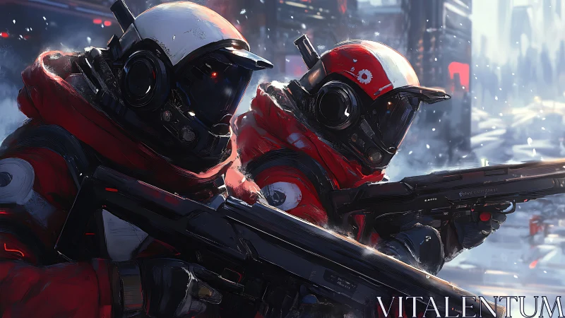 Armored space soldiers advance through frozen battlefield.