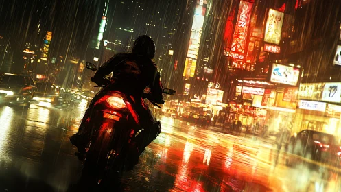 Midnight rider glides through neon city streets in rain
