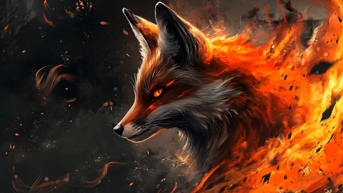Firelit fox portrait merges fur and flame in motion.