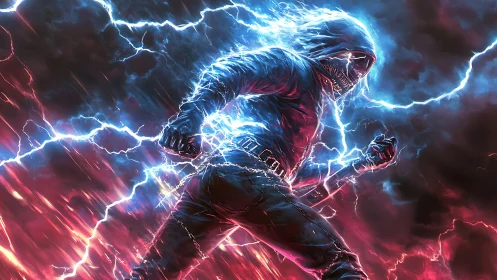 Hooded electric warrior channels blue lightning energy