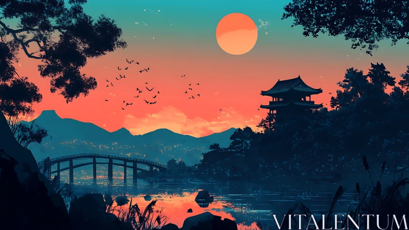 Sunlit pagoda and bridge silhouette in neon dusk landscape.