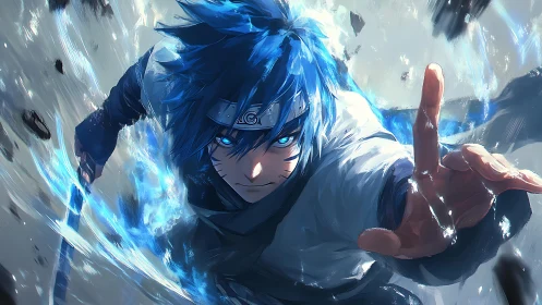 Dynamic anime action portrait with blue energy effects.